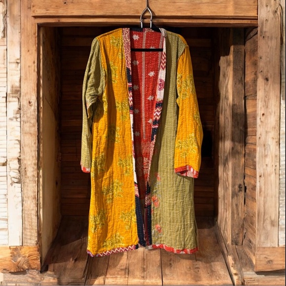 29 KANTHA Long Sleeve Cardigan w Pockets/reversible Handmade - Picture 3 of 4